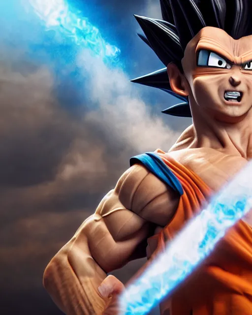 Image similar to 3 d high octane render, 8 k hyperrealism, unreal engine, photorealistic goku, portrait, dynamic lighting, photorealistic, unreal engine, octane, ultra detailed, detailed faces, hd quality, life like, high render, hd resolution