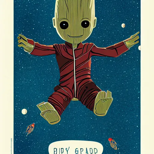 Prompt: baby groot lies completely flat in bed the space ship, by victo ngai