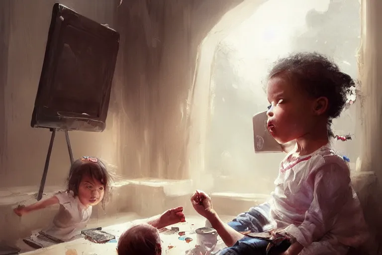 Image similar to little girl eating oreos, her baby sister is playing video games, the little girls are black, a beautiful painting , by greg rutkowski and kalin popov , trending on artstation hd