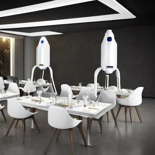 Image similar to three large white glossy kuka industrial robot arms on the floor around a dinner table, the kuka industrial robot arms are wearing bow ties, the table is full of food, they are having dinner inside a posh fine dining restaurant with retro modern furniture and decor, global illumination, artstation, fantasy, volumetric light