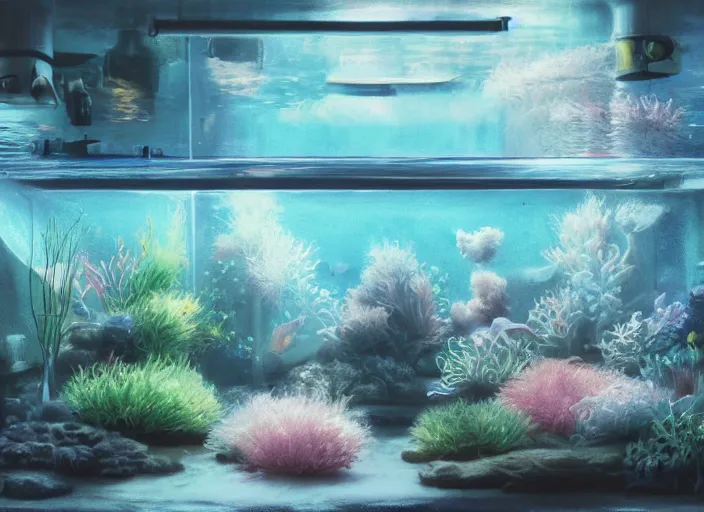 Prompt: placid pastel morning cozy moody cluttered painterly fluffy tiny cramped aquatic pet store, lots of aquariums, slanted ceiling, tiny space, particulate, trending on pixiv