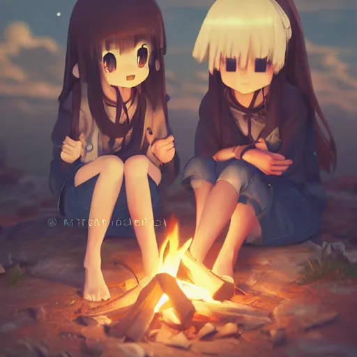 Prompt: very beautiful cute girls sitting around campfire at night, fantastic details, octane render, anime art, trending on artstation, pixiv, makoto shinkai, manga cover