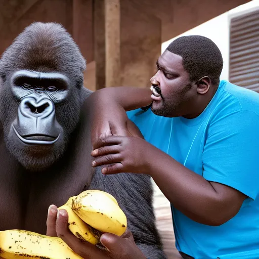 Prompt: big black man with gorilla body eating bananas in the hood, 8k resolution, full HD, cinematic lighting, award winning, anatomically correct