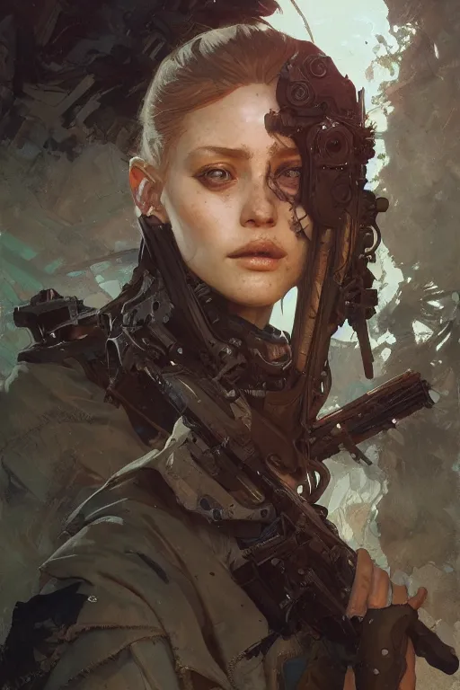 Image similar to A full portrait of a beautiful post apocalyptic offworld huntress, intricate, elegant, highly detailed, digital painting, artstation, concept art, smooth, sharp focus, illustration, art by Krenz Cushart and Artem Demura and alphonse mucha