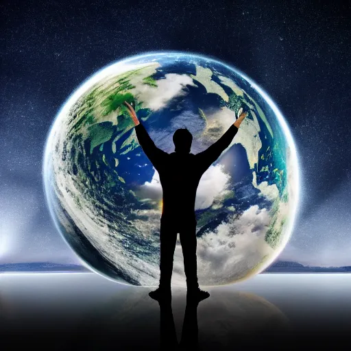 Image similar to 4K ultra HD detailed award-winning wallpaper of silhouette of man reaching his hand towards huge vast sky Earth universe