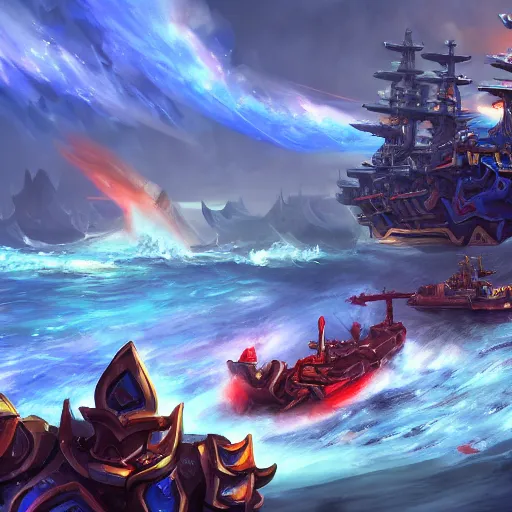 Prompt: arcane - style giant battleship, fire cannons, fire cannons. spear and axes, blue sea waves background, bright art masterpiece artstation. 8 k, sharp high quality artwork, concept art by tooth wu, blizzard warcraft artwork, hearthstone card artwork