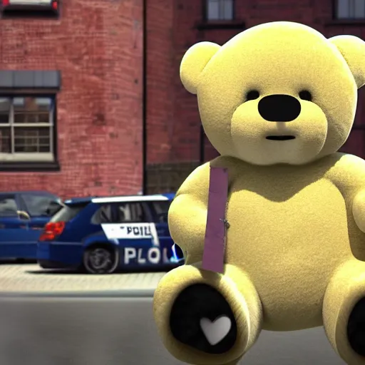 Prompt: Pudsey the bear being arrested by the police after a night out at wetherspoons, photorealistic, 4k