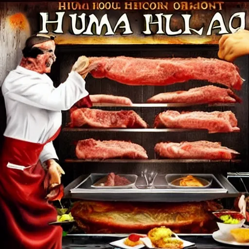 Image similar to human meat restaurant, horror, nightmare, cook, food, cooking