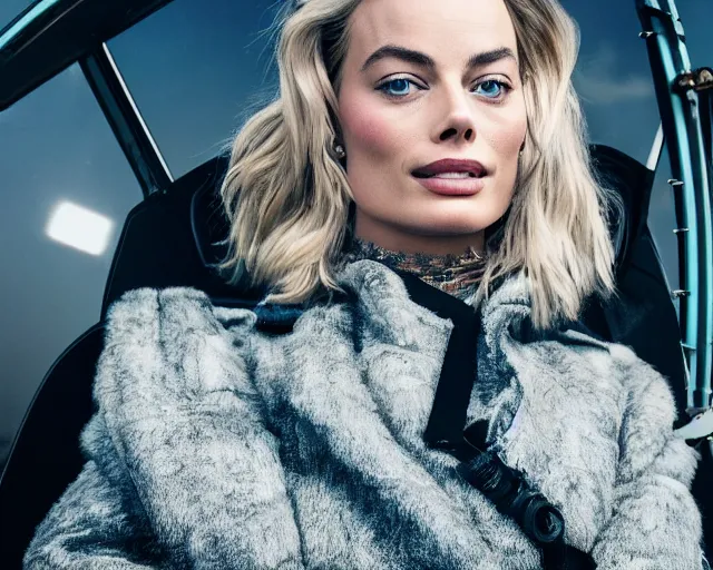 Image similar to a photo of margot robbie sitting on a helicopter, hyper realistic face, beautiful eyes, cinematic, long shot, hyper detailed, 8 5 mm photograph, 8 k resolution, film still, sharp lens, wide lens