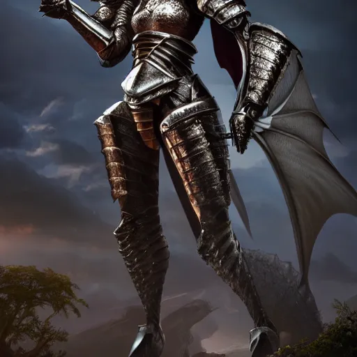 Image similar to stunning shot of a beautiful female knight, but as a hot anthropomorphic dragon, doing a majestic pose, well designed female dragon head, armor made of steel, sharp claws, HD octane render, epic cinematography, fantasy, Artstation, Deviantart, Furaffinity