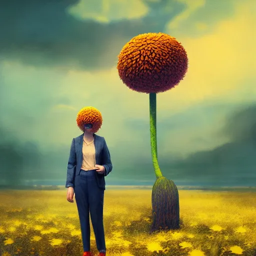 Image similar to giant daisy flower head, frontal, a girl in a suit, surreal photography, sunrise, dramatic light, impressionist painting, digital painting, artstation, simon stalenhag