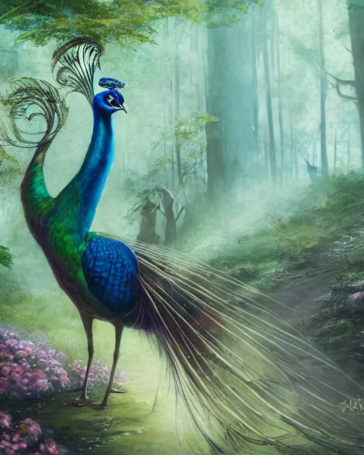 Prompt: Peacock, Anthropomorphized, wearing noble dress, casting spell in forest, portrait, magic the gathering artwork, D&D, fantasy, cinematic lighting, centered, symmetrical, highly detailed, digital painting, artstation, concept art, smooth, sharp focus, illustration, volumetric lighting, epic Composition, 8k, art by Akihiko Yoshida and Greg Rutkowski and Craig Mullins, oil painting, cgsociety