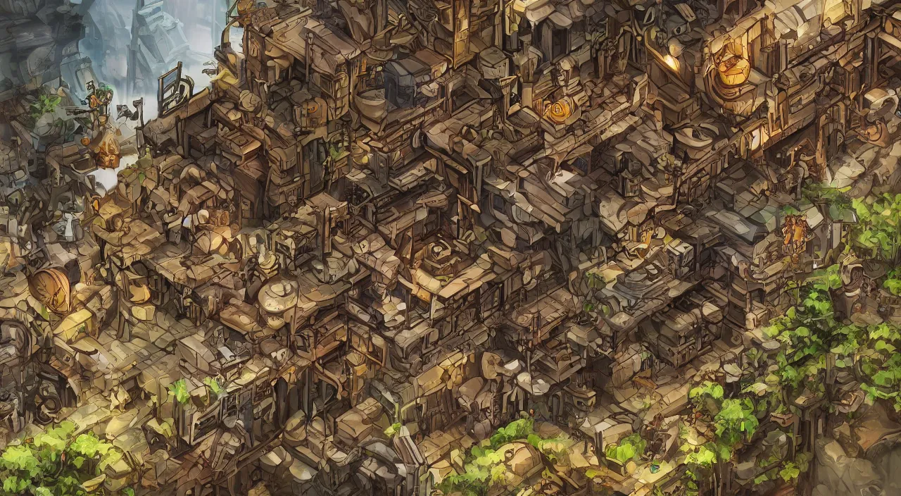 Image similar to open door wood wall fortress airship greeble block amazon jungle vanillaware fanart arstation by sung choi and eric pfeiffer and gabriel garza and casper konefal