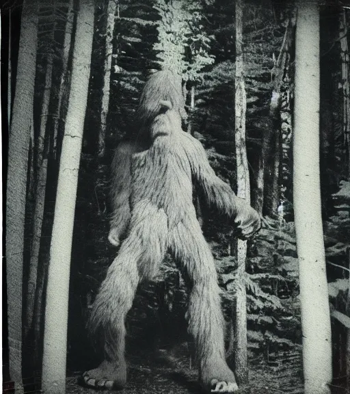 Image similar to photograph of bigfoot captured in forest on polaroid camera, signed by bigfoot in sharpie