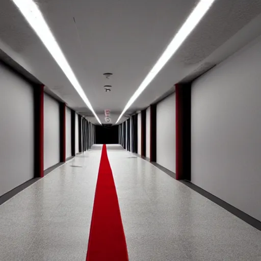 Prompt: a massive concrete hallway with a red strip of carpet down the middle, meglaphobia, surreal, liminal space,