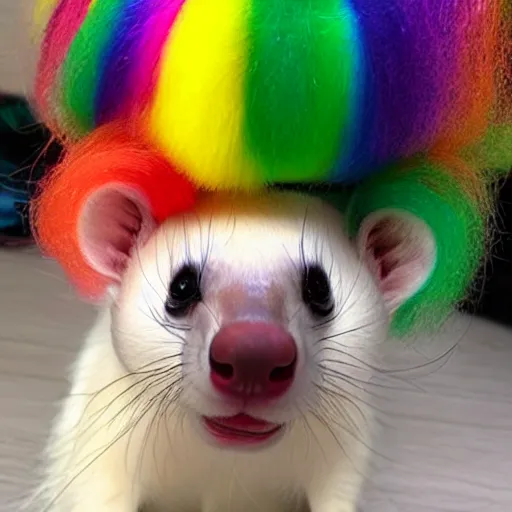 Prompt: ferret with clown makeup and rainbow clown wig