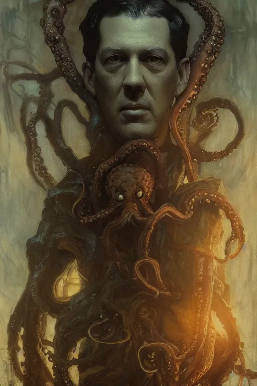 Image similar to , h p lovecraft with octopus tentacles hyperrealistic portrait, bladerunner street, art of elysium by jeremy mann and alphonse mucha and greg rutkowski, fantasy art, photo realistic, dynamic lighting, artstation, poster, volumetric lighting, very detailed face, 4 k, award winning