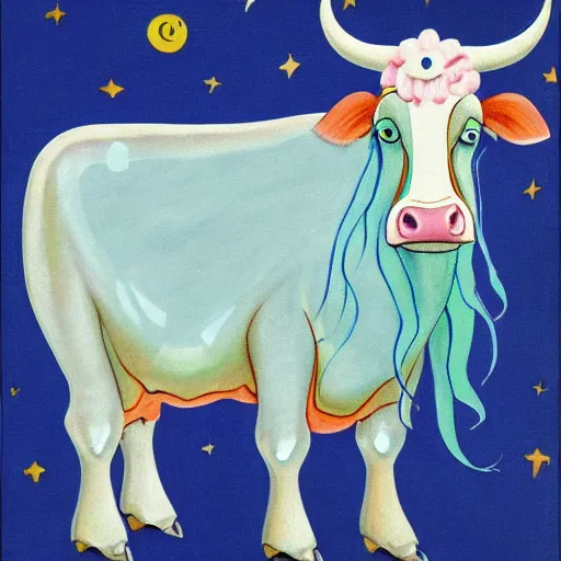 Image similar to the great magical cow, also known as the cosmic cow, is several thousand pounds and covered with an amazing array of hair. she has a beautiful blue coloration, she is quite docile and gentle, and her large, almost spherical body is always in motion.