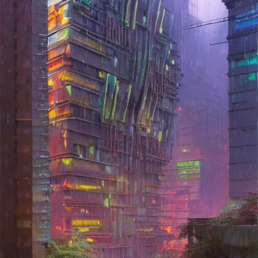 Image similar to highly detailed brutalist architecture city, with neon lights, while it's raining, stephen bliss, unreal engine, fantasy art by greg rutkowski, loish, rhads, ferdinand knab, makoto shinkai, ilya kuvshinov, rossdraws, global illumination, radiant light, detailed and intricate environment