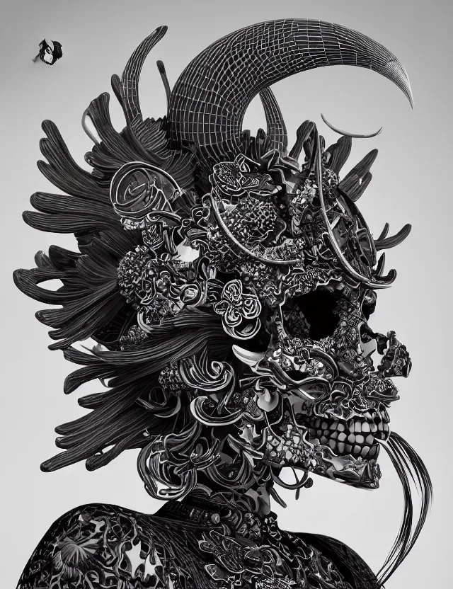 Image similar to 3 d goddess close - up profile skull biohazard portrait with crown, ram skull. beautiful intricately detailed japanese crow kitsune mask and clasical japanese kimono. betta fish, jellyfish phoenix, bio luminescent, plasma, ice, water, wind, creature, artwork by tooth wu and wlop and beeple and greg rutkowski