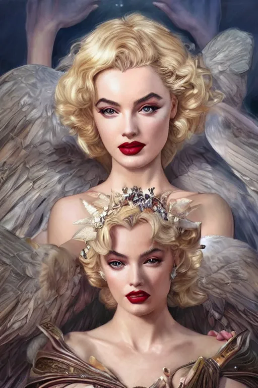 Image similar to ultra realistic illustration, a stunningly beautiful greek goddess of chaos played by marilyn monroe and dove cameron and margot robbie and taylor swift and megan fox, intricate, elegant, highly detailed, digital painting, artstation, concept art, smooth, sharp focus, illustration, art by artgerm and greg rutkowski and alphonse mucha