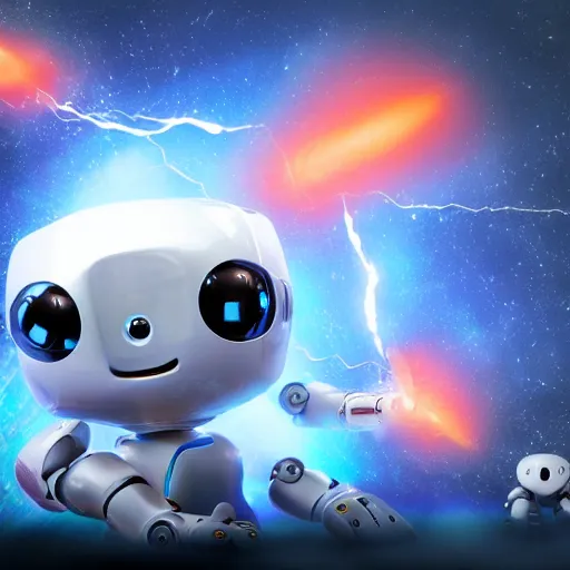 Image similar to cute little robots using ball lightning to destroy planet earth