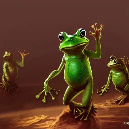 Prompt: a frog wizard standing on two legs, surrounded by an army of frog magicians, concept art, matte painting, trending artstation, 8k