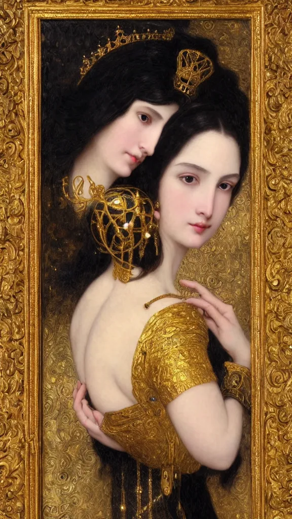 Image similar to painting portrait of a beautiful black haired woman with pale skin and a crown on her head sitted on an intricate metal throne, intricate, elegant, digital painting, smooth, sharp focus, shiny gold, realistic gold, realistic metal, by william - adolphe bouguereau and gustav klimt,