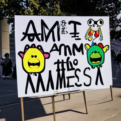 Prompt: a protest sign that says arm the homeless by takashi murakami