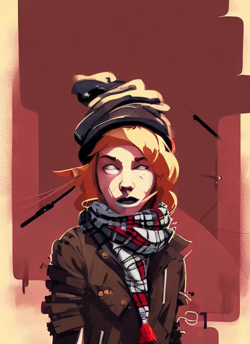Image similar to highly detailed portrait of a sewer punk lady student, beanie, tartan scarf, wavy blonde hair by atey ghailan, by greg rutkowski, by greg tocchini, by james gilleard, by joe fenton, by kaethe butcher, gradient red, black, brown and cream color scheme, grunge aesthetic!!! graffiti tag wall background