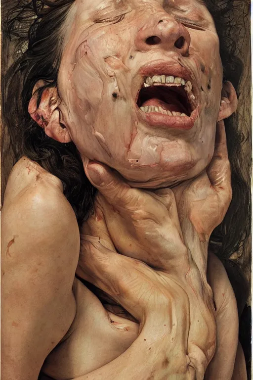 Prompt: portraits of a woman enraged, part by Jenny Saville, part by Lucian Freud, part by Caravaggio, part by moebius