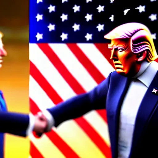 Image similar to joe biden handshakes donald trump ultra realistic, lens flare, atmosphere, glow, detailed, intricate, full of colour, cinematic lighting, trending on artstation, 4 k, hyperrealistic, focused, extreme details, unreal engine 5, cinematic, masterpiece, ultra realistic, hyper realistic, highly detailed, sharp focus, digital art