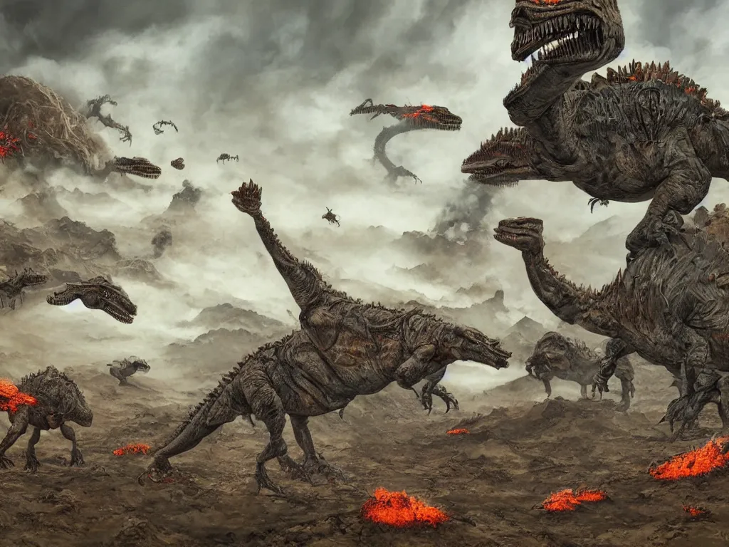 Prompt: A hyperrealistic illustration of a cyborg dinosaur battle in a strange landscape with volcanoes and smoke, by Enki Bilal, Anato Finnstark, award-winning, masterpiece, extreme detail, sharp focus