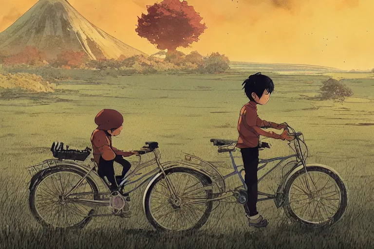 Image similar to a boy riding his bike alone through the plains of rural japan, high intricate details, rule of thirds, golden ratio, cinematic light, anime style, graphic novel by fiona staples and dustin nguyen, by beaststars and orange, peter elson, alan bean, studio ghibli, makoto shinkai