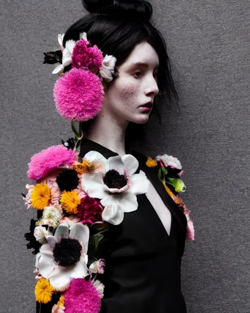 Prompt: olivia wearing an outfit made from flowers, catwalking at new york fashion week, attractive sporty physique, lush black hair, freckles, pale skin, photo by greg rutkowski, stage lighting, soft colors, female beauty, intricate detail, elegance, 3 5 mm, depth of field, masterpiece