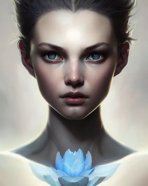 Image similar to concept art by artgerm, crystal flower, soft grey and blue natural light, intricate, highly detailed dark art, digital painting, artstation, concept art, smooth, sharp focus, illustration, art by greg rutkowski and luis rollo and uang guangjian and gil elvgren, symmetry!