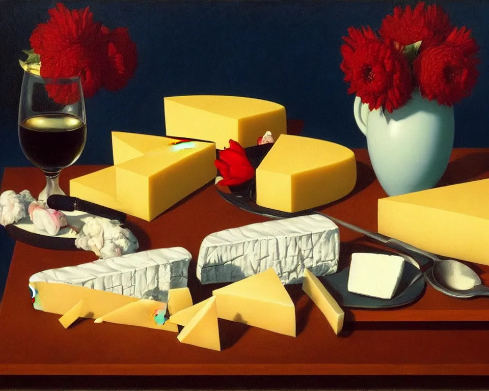 Image similar to an achingly beautiful still life featuring blooming flowers, cheese, and red wine by Raphael, Hopper, and Rene Magritte. detailed, romantic, studio lighting, enchanting, trending on artstation.