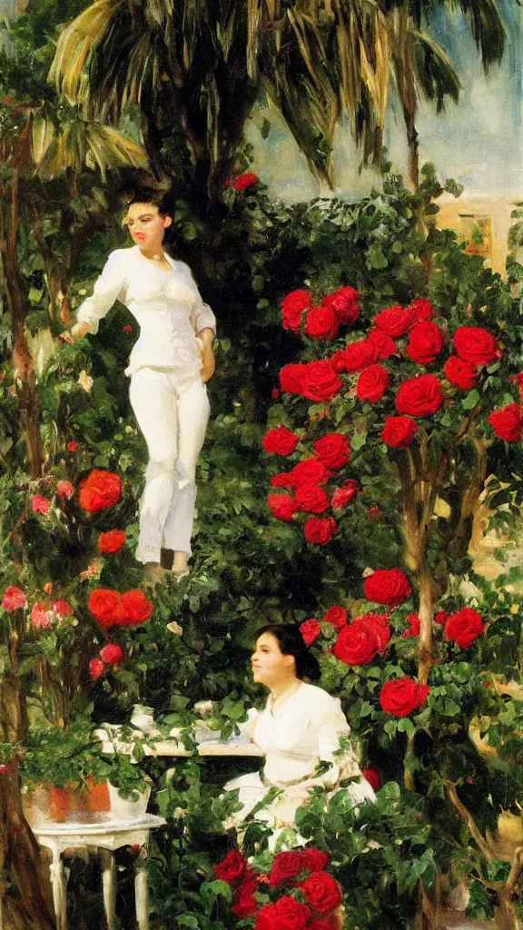 Prompt: rebekah delrio in a botanical room set near a persian pot fulk of red roses and palm treeby john singer sargent