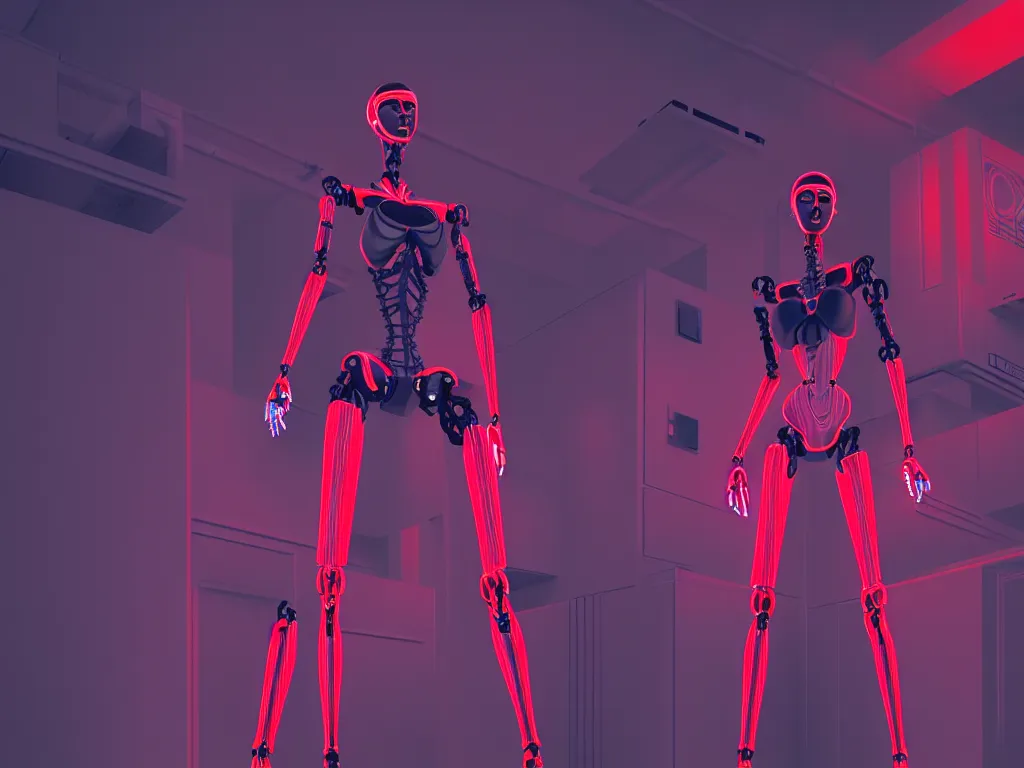 Prompt: beautiful tall female robot printed with red and black 3 d geometrical neon + guarding a wall of computers!!!!!!!!!! + flowering vaporwave orchids transcendent, clean linework, dramatic, finely detailed, 4 k, trending on artstation, photorealistic, award winning, volumetric lighting, octane render