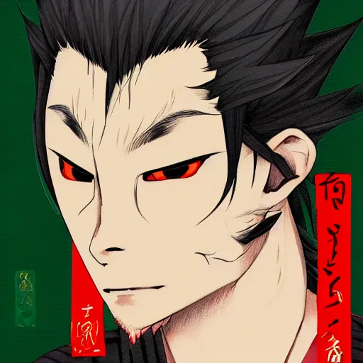 Image similar to , Demon slayer Tanjiro, hanafuda earring handsome anime man, scar on forehead,red iris, green and black checkered kimono, face by lya kushinov, Avetetsuya Studios, Alexandra Fomina artstation, by Makoto Shinkai, digital 2D, painterly style, cinematic matte Illustration, ufotable, VOFAN