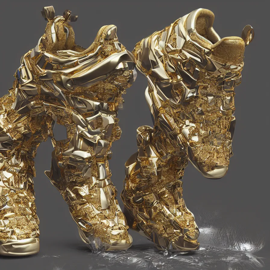 Image similar to futuristic balenciaga sneakers, nft art, highly detailed, hyper realistic, a ton of bussdown iced gold bling in wallace & gromit strata - cut claymation, ultra realistic, concept art, intricate details, serious, highly detailed, photorealistic, octane render, 8 k, unreal engine