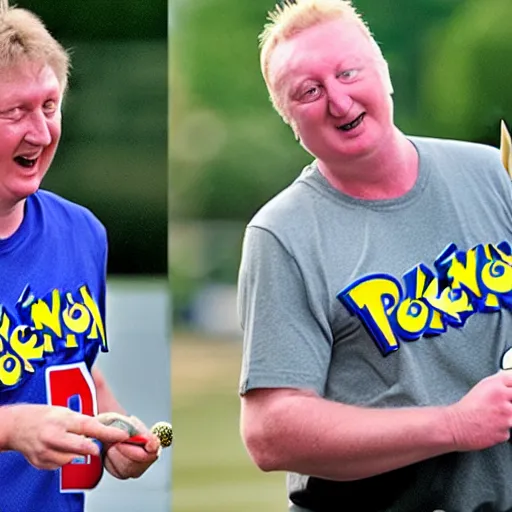 Prompt: rowan aktinson and larry bird battling it out with pokemon