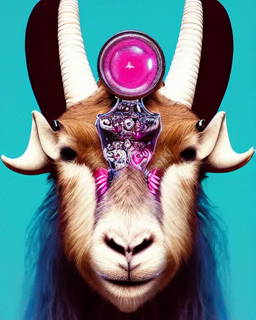 Prompt: natural light, soft focus portrait of a cyberpunk anthropomorphic goat with soft synthetic pink skin, blue bioluminescent plastics, smooth shiny metal, elaborate ornate head piece, piercings, skin textures, by annie leibovitz, paul lehr