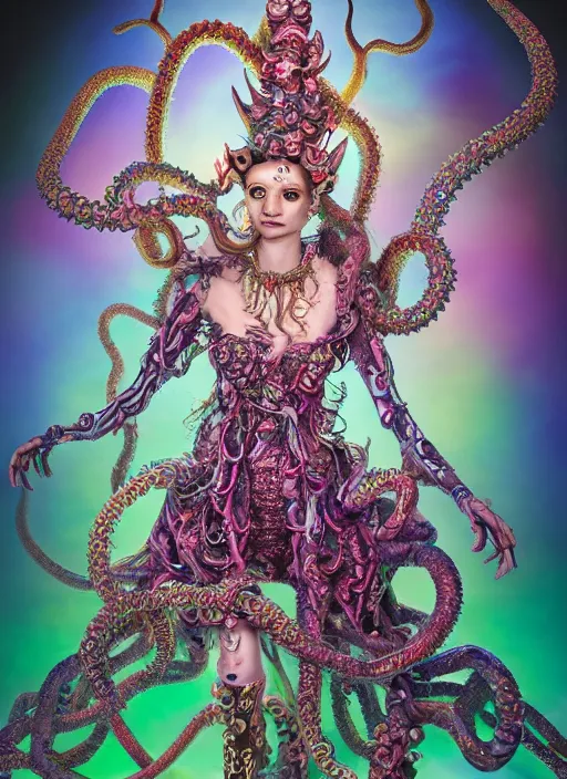 Prompt: A full body shot of a cute and mischievous monster princess made of tentacles wearing an ornate ball gown covered in jewels. Fancy Dress. Subsurface Scattering. Translucent Skin. Rainbow palette. rainbowcore. Eldritch Beauty. defined facial features, symmetrical facial features. Opalescent surface. beautiful lighting. By Giger and Ruan Jia and Artgerm and WLOP and William-Adolphe Bouguereau. Photo real. Hyper-real. Photorealism. Fantasy Illustration. Sailor Moon hair. Masterpiece. trending on artstation, featured on pixiv, award winning, cinematic composition, dramatic pose, sharp, details, Hyper-detailed, HD, HDR, 4K, 8K.