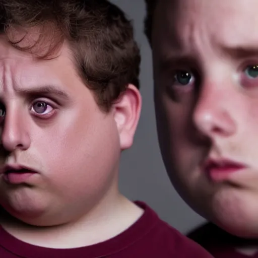 Prompt: 4 k editorial photograph of down syndrome midget jonah hill, sharp focus, soft lighting, edge lighting, studio portrait, 1 3 mm film color grading