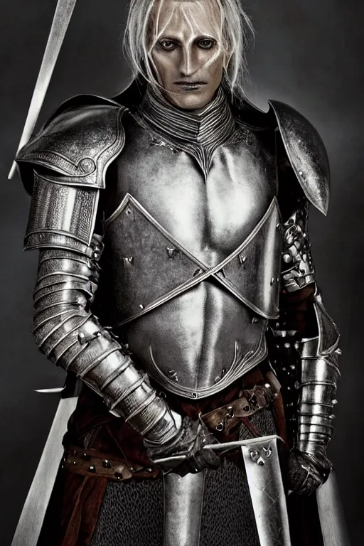 Prompt: head and shoulders portrait of an eldritch knight, drow, dark elf, shadar kai, male, breastplate, magical, high fantasy, d & d, by annie liebovitz, face details, extremely detailed, vogue fashion photo