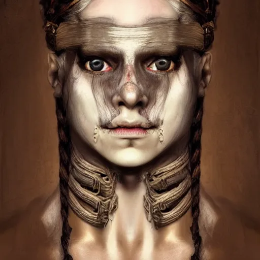 Image similar to portrait of a Shibari rope wrapped face and neck, headshot, insanely nice professional hair style, dramatic hair color, digital painting, of a old 17th century, old cyborg merchant, amber jewels, Art Nouveaux, ornate clothing, scifi, realistic, hyperdetailed, chiaroscuro, concept art, art by Franz Hals and Jon Foster and Ayami Kojima and Amano and Karol Bak,