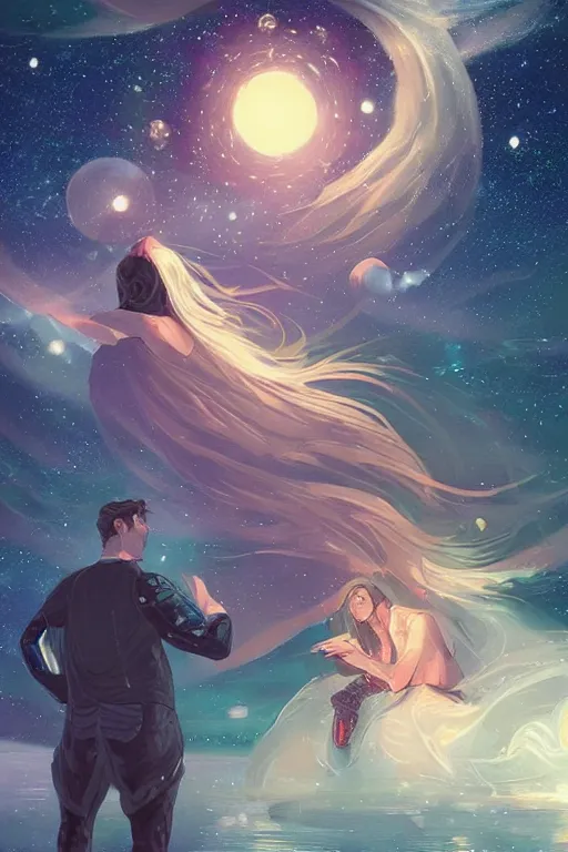 Image similar to man and woman sea and night sky with stars and galaxies, ornate detailed background, trending on artstation, by rossdraws, artgerm