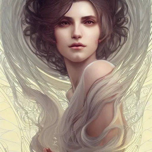 Image similar to god, non-binary, white hair, long hair, intricate, elegant, ethereal, highly detailed, digital painting, artstation, concept art, smooth, sharp focus, illustration, art by artgerm and greg rutkowski and alphonse mucha