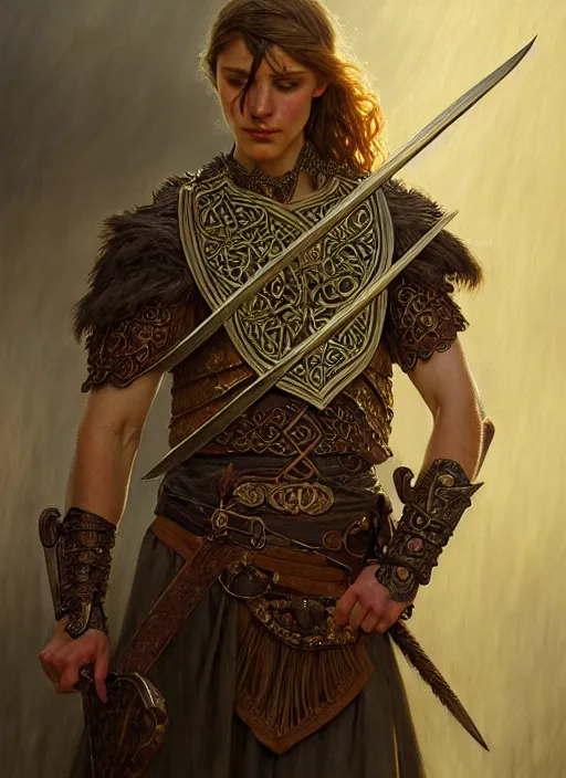 Image similar to ancient Celtic warrior, diffuse lighting, fantasy, intricate, elegant, highly detailed, lifelike, photorealistic, digital painting, artstation, illustration, concept art, smooth, sharp focus, art by John Collier and Albert Aublet and Krenz Cushart and Artem Demura and Alphonse Mucha